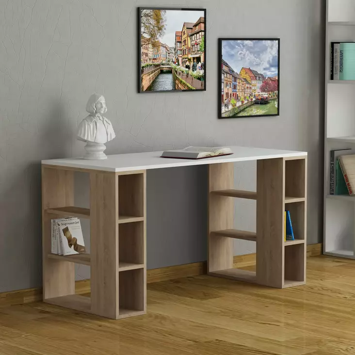 Moderni Opiskelupöytä - Valkoinen Tammi, 100% Melamiinipinnoitettu, 140x75x60 cm, Kestävä ja Tyylikäs Työtila - Työpöydät - 8681875277128 - 1