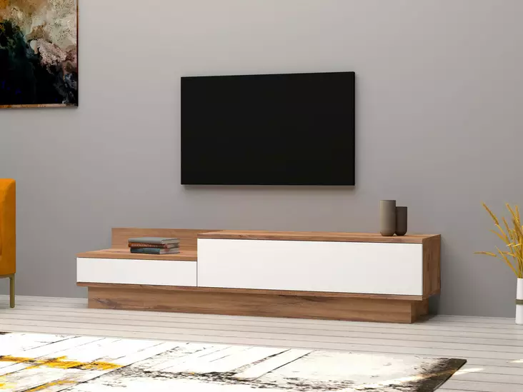 TV-taso, Atlantic Pine White, 160x35x35 cm, 100% melamiinipinnoitettu, useita hyllyjä, lisäsäilytystilaa, skandinaavinen tyyli - TV-tasot - 8682870286498 - 1