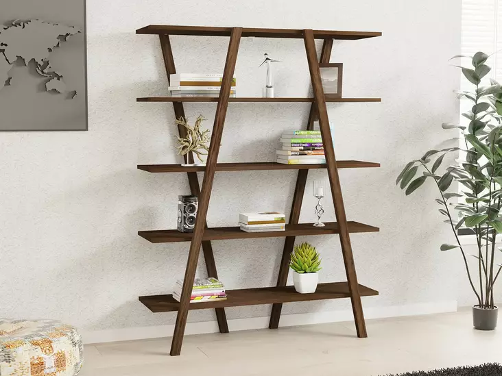 Walnut Kirjahylly - 100% Mäntyä, 115x144x29,5 cm, Useita Hyllyjä, Kiinnitettävä Seinä, Lisäsäilytystila, Kestävä - Kirjahyllyt - 8681875207118 - 1