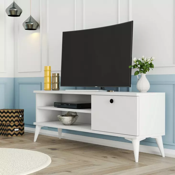 Valkoinen TV-taso - 100% Melamiinipinnoitettu Lastulevy, 120x44,6x29,5 cm, Useita Hyllyjä, Kiinnitettävissä Seinäkiinnityksellä - TV-tasot - 8683342214438 - 1