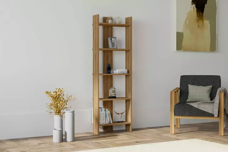 Skandinaavinen Kirjahylly, Pähkinä, 100% Melamiinipinnoitettu, 52,4x149x22,6 cm, Seinään Kiinnitettävä, Lisäsäilytystila - Kirjahyllyt - 8681875449488 - 1