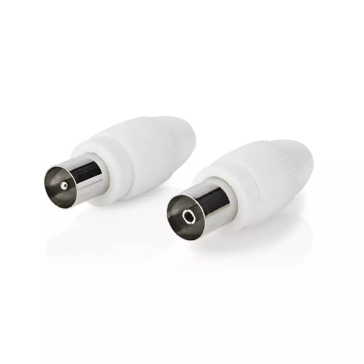 IEC (Coax) Liitin | Suora | Naaras / Uros | Niklattu | 75 Ohm | Ruuvi | Kaapelin läpitulomitta: 7.0 mm | Metalli / PVC | Valkoinen | 2 kpl | Laatikko - Antenniliittimet ja adapterit - 5412810289578 - 1