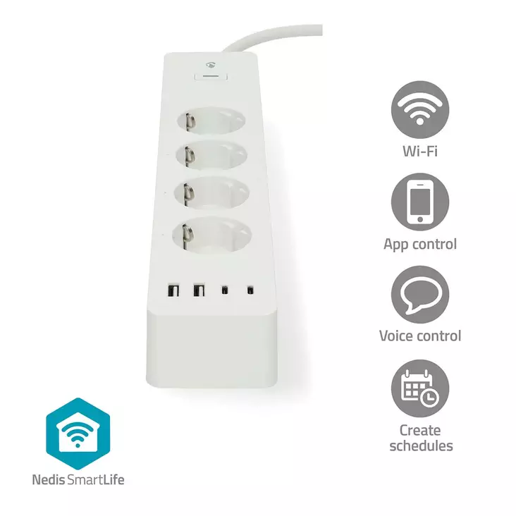 SmartLife Jatkojohto | Wi-Fi | 2x USB-A / 2x USB-C / 4x plug with earth contact (CEE 7/3) | 16.0 A | 3680 W | 2.00 m | 0 - 55 °C | Android / IOS | Valkoinen - Älypistorasiat - 5412810448388 - 1