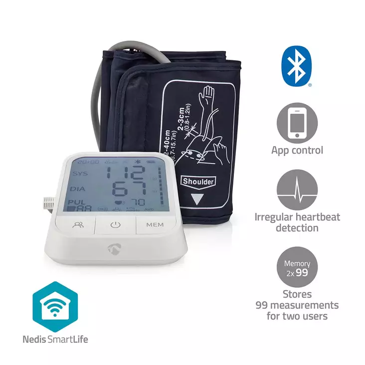 SmartLife Verenpainemittari | Käsi | Bluetooth® | LCD | 22 - 42 cm | Epäsäännöllisen sydämenlyönnin havaitseminen / Mansetin käytön tunnistus / Pysy paikallasi -ilmaisu | Valkoinen - Verenpaine- ja kuumemittarit - 5412810418428 - 1