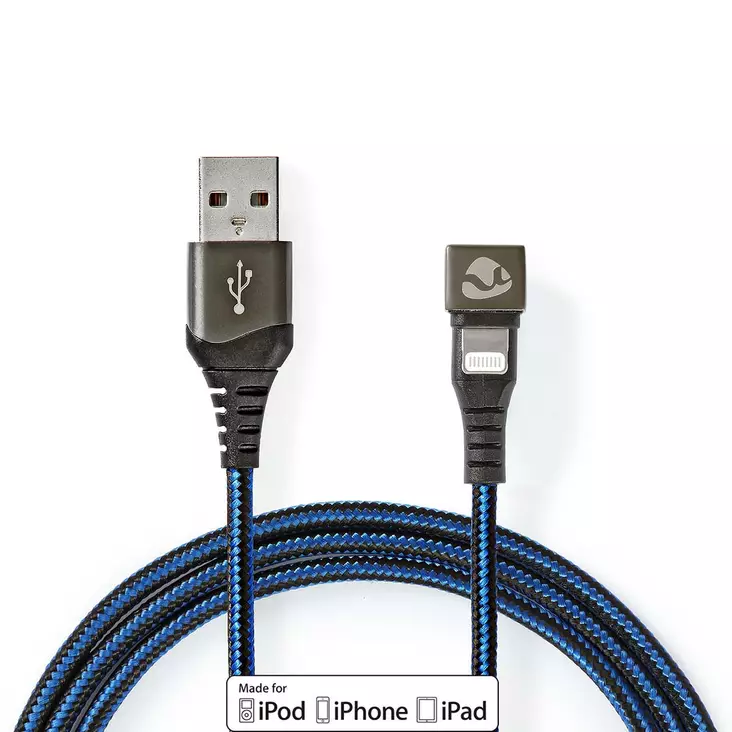 USB kaapeli | USB 2.0 | Apple Lightning 8-Pin | USB-A Uros | 12 W | 480 Mbps | Niklattu | 1.00 m | Pyöreä | Nailon / Punottu | Musta / Sininen | Laatikko kannella ja ikkunalla - Pelituotteet - 5412810326808 - 1