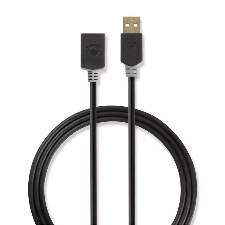 USB kaapeli | USB 2.0 | USB-A Uros | USB-A Naaras | 480 Mbps | Kullattu | 2.00 m | Pyöreä | PVC | Antrasiitti | Laatikko - Tietokone ja verkko - 5412810263448 - 1
