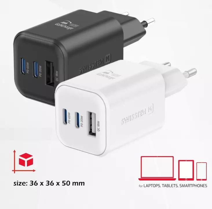 Verkkolaturi | 65 W | 2x USB-C 65W PD/1x USB-A 18W QC | Valkoinen | Swissten - Verkkolaturit - 8595217484528 - 1