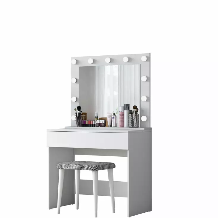 Elegantti Valkoinen Meikkipöytä 100% Melamiinipinnoitettu E1 Laatu Lastulevy 90x76,8x45 cm Peili 90x71,8x15 cm 11 Lamppua - Meikkipöydät - 8684282480778 - 1