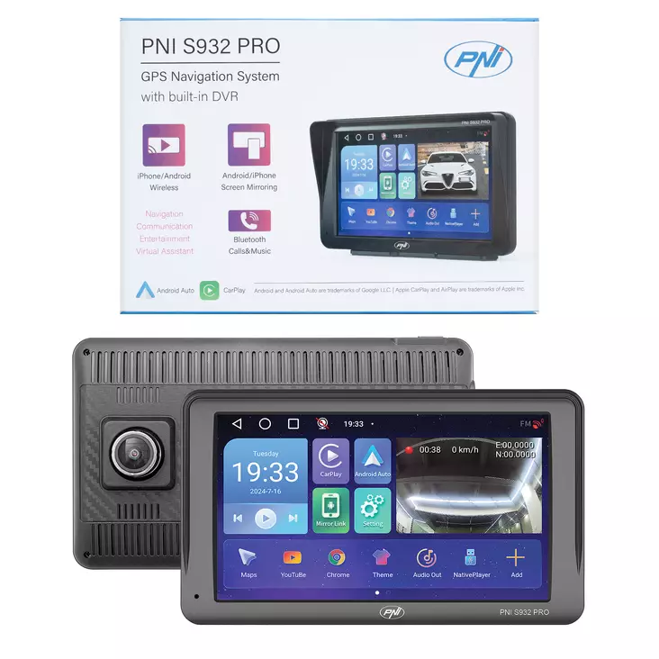 GPS-navigointijärjestelmä, jossa sisäänrakennettu DVR PNI S932 PRO 7 tuuman näyttö, 32 Gt muistia, 2 Gt DDR3 RAM, Android 13, FM-lähetin, Mirror Link, Apple Carplay ja Android Auto, mukana peruutuskam - PNI tuotteet - 5949066539428 - 1