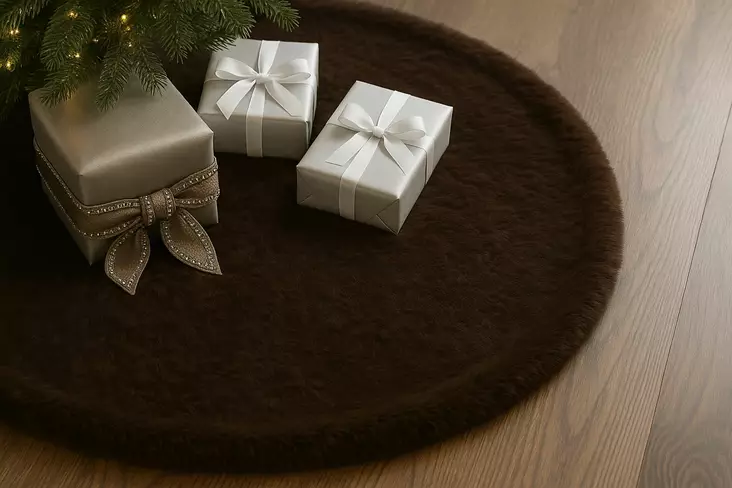 Joulukuusen Matto 100% Polyesteri, Ruskea, 100x100 cm, 6 Nauhaa, Konepestävä 20 °C, Tyylikäs Sisustusratkaisu - Joulukoristeet ja -tekstiilit - 8684283712908 - 1