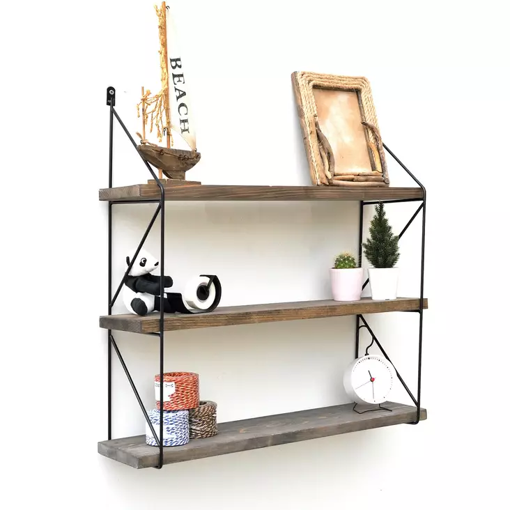 Koristeellinen puinen seinähylly, musta pähkinäpuu, 60 cm x 15 cm x 55 cm, kestävä, helppo asentaa - Seinähyllyt - 8682870290068 - 1
