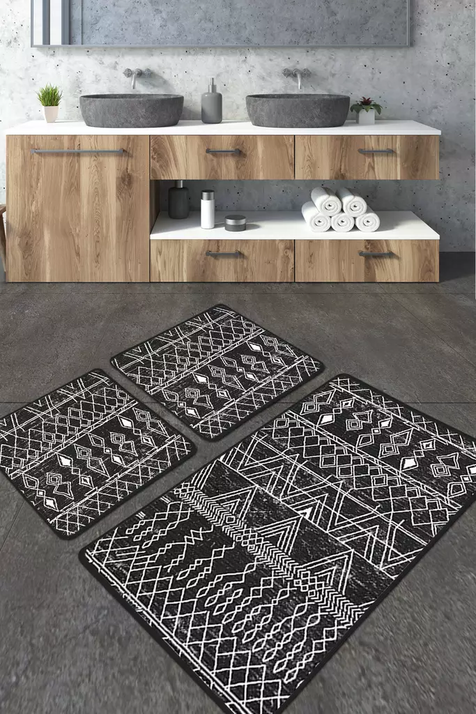 Kylpyhuonematto Setti 2 kpl - Musta/Antrasiitti/Valkoinen - 100% Polyesteri - Antibakteerinen - Konepestävä - 60x100/50x60 cm - Kylpyhuonematot ja kosteantilan matot - 8683342206228 - 1