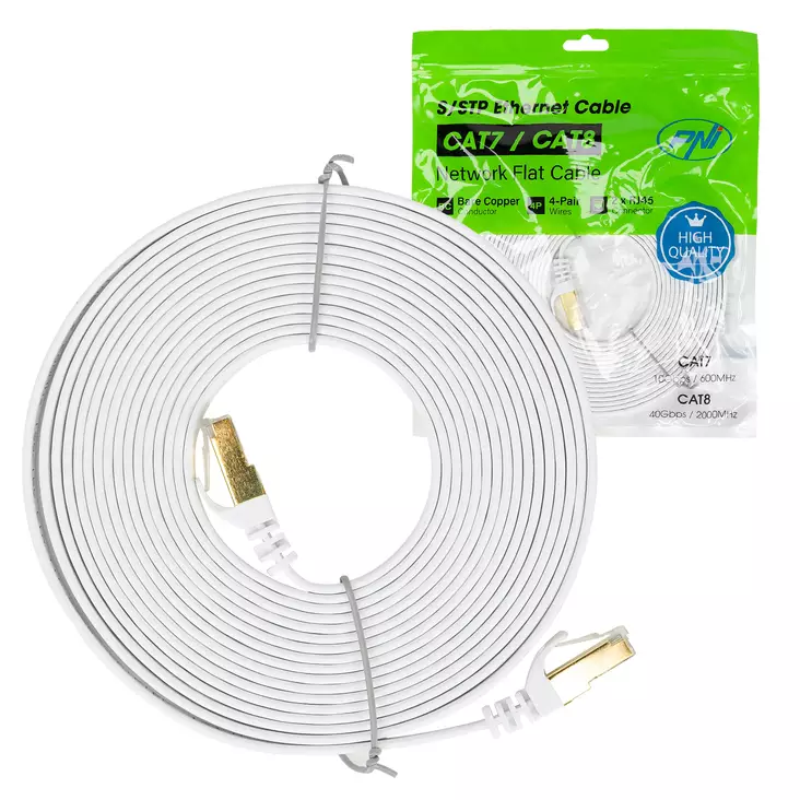 Litteä verkkokaapeli S/STP CAT7 PNI U7050W, 2 x RJ45, 4 paria johtoja, 32AWG, kupari, 10 Gbps, 600 MHz, 5m, valkoinen - PNI tuotteet - 5949066538728 - 1