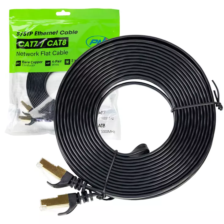 Litteä verkkokaapeli S/STP CAT7 PNI U7075B, 2 x RJ45, 4 paria johtoja, 32AWG, kupari, 10 Gbps, 600 MHz, 7,5 m, musta - PNI tuotteet - 5949066538698 - 1