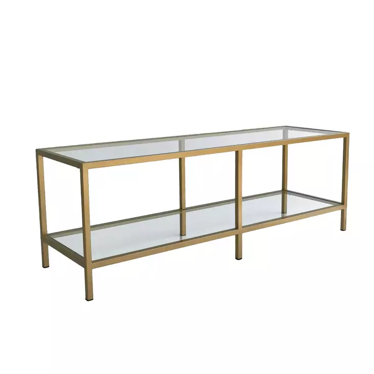 Moderni TV-taso, Kulta, 100% Karkaistu Lasi, 4 mm, 100% Metalli, 130x45x40 cm, Useita Hyllyjä, Kiinnitettävä Seinäasennus - TV-tasot - 8682870730878 - 1