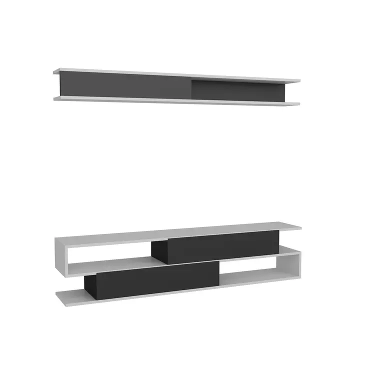 Moderni TV-taso, Valkoinen-Musta, 100% Melamiinipinnoitettu, 176x39x31,5 cm, Useita Hyllyjä, Seinään Kiinnitettävä - TV-tasot - 8681181979938 - 1