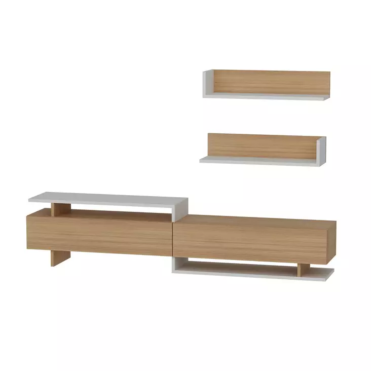 Moderni TV-taso Valkoinen Tiikki 180x40x37,4 cm - 100% Melamiinipinnoitettu Hiukkaslevy, Useita Hyllyjä, Seinään Kiinnitettävä - TV-tasot - 8681181979648 - 1