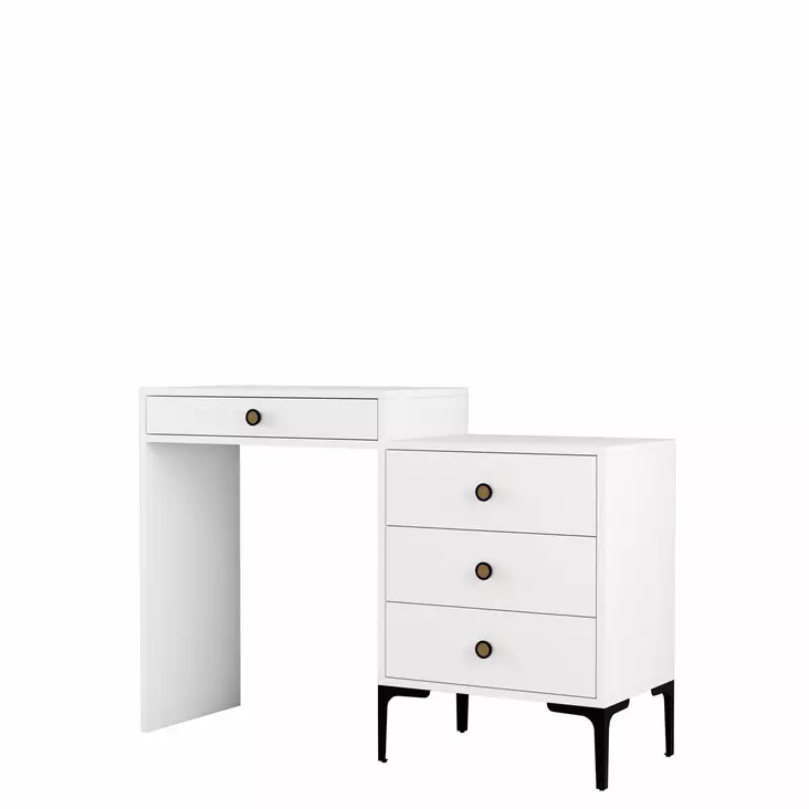Moderni Valkoinen Meikkipöytä - 100% Melamiinipinnoitettu Lastulevy, 18mm, Muovikahva, Metallijalat, 124x84,7x40cm - Meikkipöydät - 8683743327638 - 1