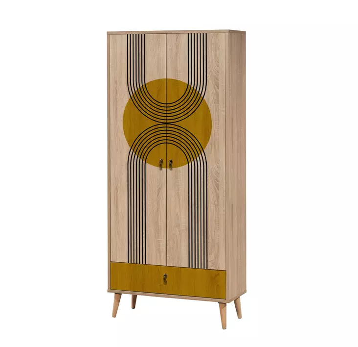 Monivärinen Abstrakti Vaatekaappi - 100% Melamiinipinnoitettu, UV-Digipainatus, Puujalat, 80x190x45 cm, Lisäsäilytys - Vaatekaapit - 8683743421558 - 1