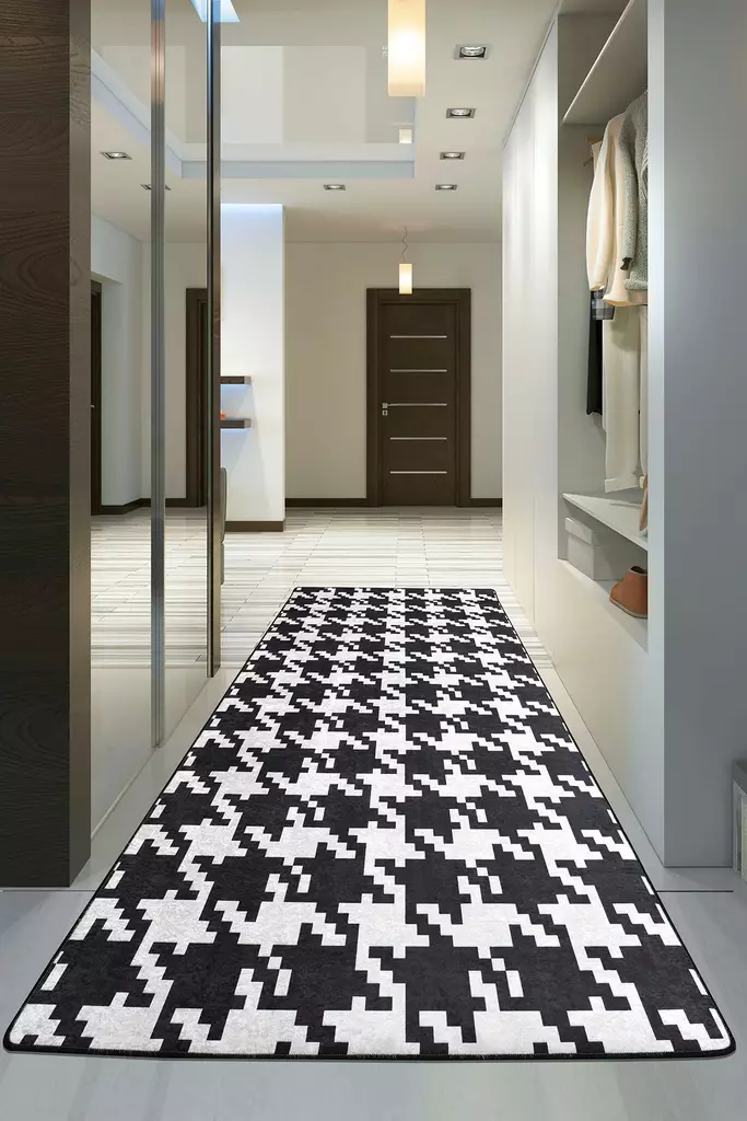 Musta Valkoinen eteisen matto käytävämatto 80x200 cm - Antibakteerinen, Liukumaton, Konepestävä, 100% Polyesteri, 10 mm Paksuus - Pienet matot ja käytävämatot - 8682870121898 - 1