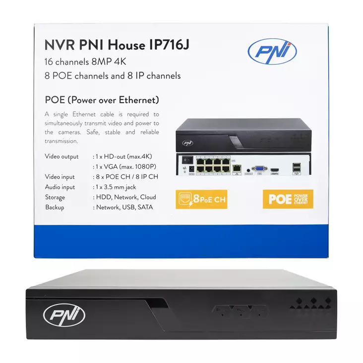NVR POE PNI House IP716J 16 kanavaa 4K 8MP, 8 POE kanavaa ja 8 IP-kanavaa PNI POE kytkimellä tai normaali H.265 - PNI tuotteet - 5949066536878 - 1