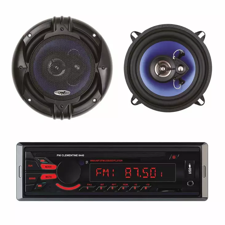Pakkausradio-MP3-autosoitin PNI Clementine 8440 4x45W USB SD AUX 12V, 2-osainen koaksiaalinen autokaiutin PNI HiFi500, 100W, 12,7 cm - Autosoittimet - 5949066519918 - 1