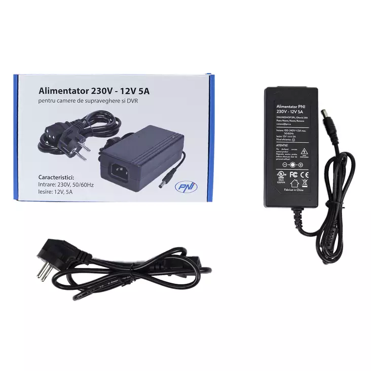 PNI 230V - 12V 5A 60 watin virtalähde valvontakameroihin ja DVR:iin - PNI tuotteet - 5949066513008 - 1