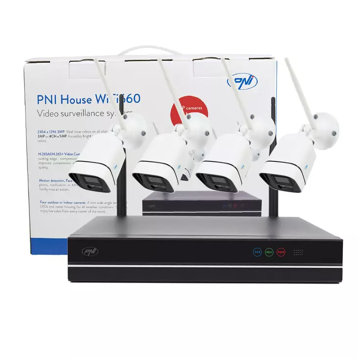 PNI House WiFi660 NVR 8-kanavainen videovalvontasarja 4 langattomalla ulkokameralla 3MP, P2P, IP66 - PNI tuotteet - 5949066524998 - 1