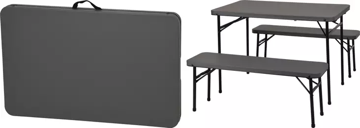 Pöytä- ja penkkisetti, kokoontaitettava, harmaa/musta, 3-osainen, kantokahvalla, 102x61x70 cm - Pihakalusteryhmät - 8719987416248 - 1