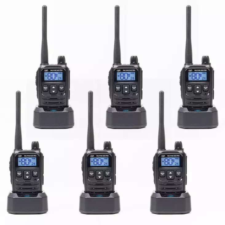 Sarja 6 kannettavaa radioasemaa PNI PMR R45 PRO 446MHz, 0,5W, 99 ohjelmoitavaa kanavaa, 16 PMR ja 38 CTCSS ja 104 DCS-ääntä, Squelch 5 tasoa, VOX, TOT, BCL, Scan, Roger Beep - PNI tuotteet - 5949066542688 - 1