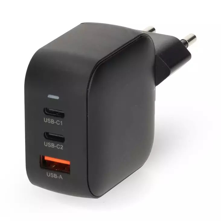 Seinälaturi | 70 W | GaN | PD3.0 / PPS | 1.5 / 2.25 A / 2.5 / 3.0 / 3.5 A | Lähtöliitäntöjen määrä: 3 | USB-A / 2x USB-C | Automaattinen Jännitteen Valinta | Musta - Verkkolaturit - 5412810470228 - 1