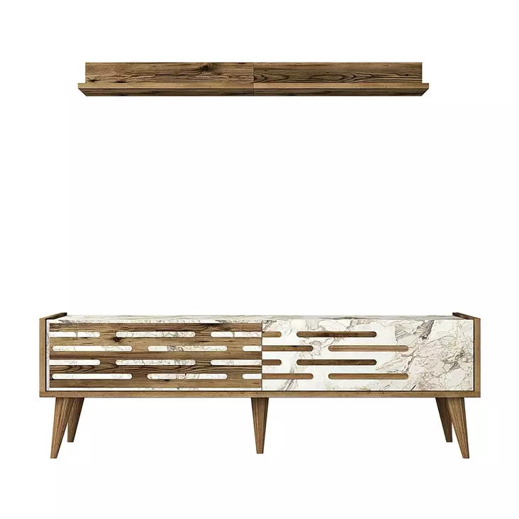 TV-taso 140 cm, Pähkinä Valkoinen Marmori, 100% Melamiinipinnoitettu, Useita Hyllyjä, Lisäsäilytystilaa, 2 Pakkausta - TV-tasot - 8684282088608 - 1