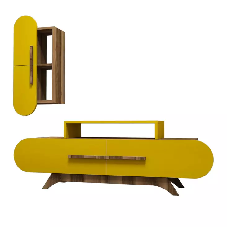 TV-taso Boheemi Sisustus, Pähkinä-Keltainen, 100% Melamiinipinnoitettu, 145x49,8x36,8 cm, Useita Hyllyjä, Kiinnitettävä - TV-tasot - 8681875184808 - 1