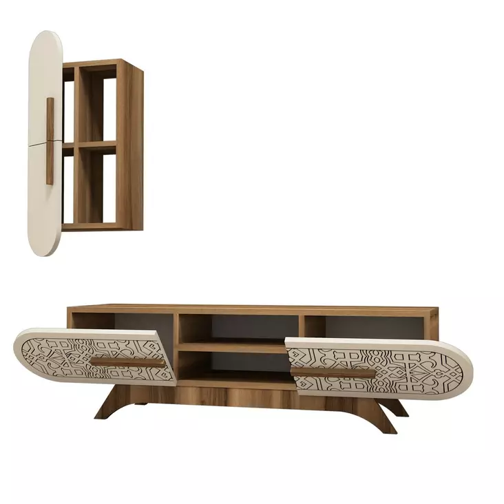 TV-taso, Huonekalut, Pähkinä-Kerma, 100% Melamiinipinnoitettu Lastulevy, 145x37x35 cm, Seinähylly 35x60x20 cm - TV-tasot - 8681875184488 - 1