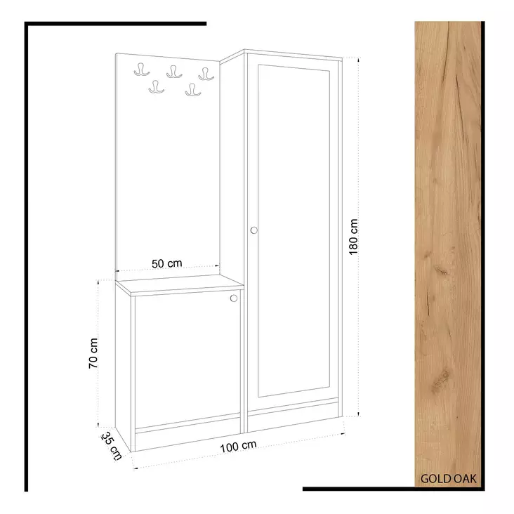 Tyylikäs Hall Stand - Tammi Valkoinen, Peili, Useita Hyllyjä, 100% Melamiinipinnoitettu, 100x180x35 cm, Seinään Kiinnitettävä - Eteiskaapit - 8681875179118 - 1