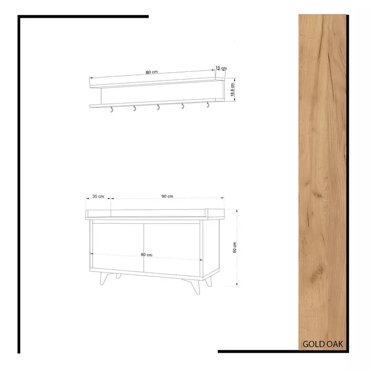 Tyylikäs ja Toiminnallinen Hall Stand - Tammi Valkoinen, 100% Melamiinipinnoitettu, 18mm, Kengät ja Hyllyt, 90x60x35cm - - 19-19-8681875126778 - 1