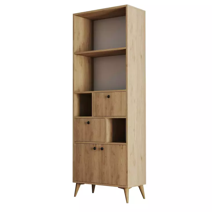 Tyylikäs Tammi Kirjahylly - 100% Melamiinipinnoitettu Lastulevy, 18 mm, Muovijalat, Koko: 69x195x35 cm, Useita Hyllyjä - Kirjahyllyt - 8683742470618 - 1