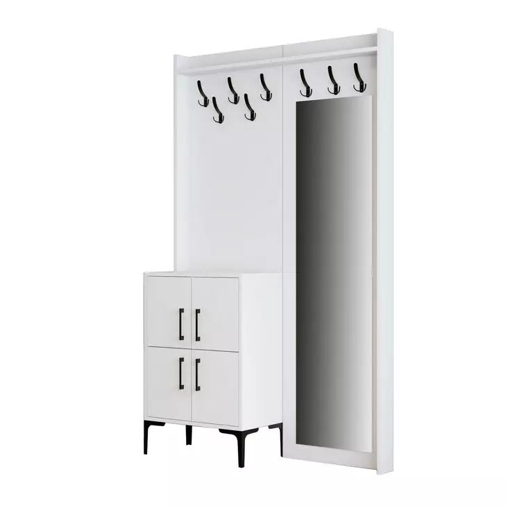 Valkoinen Hall Stand - 100% Melamiinipinnoitettu Lastulevy, 18 mm, Metallituki, 120x200x35 cm, Useita Hyllyjä - Eteiskaapit - 8683342460828 - 1