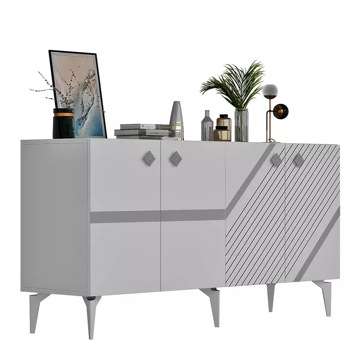 Valkoinen Hopea Konsoli 150x40x79 cm - 100% Melamiinipinnoitettu Lastulevy, 18 mm Paksuus, 2 Pakettia - Lipastot ja senkit - 8684282612728 - 1