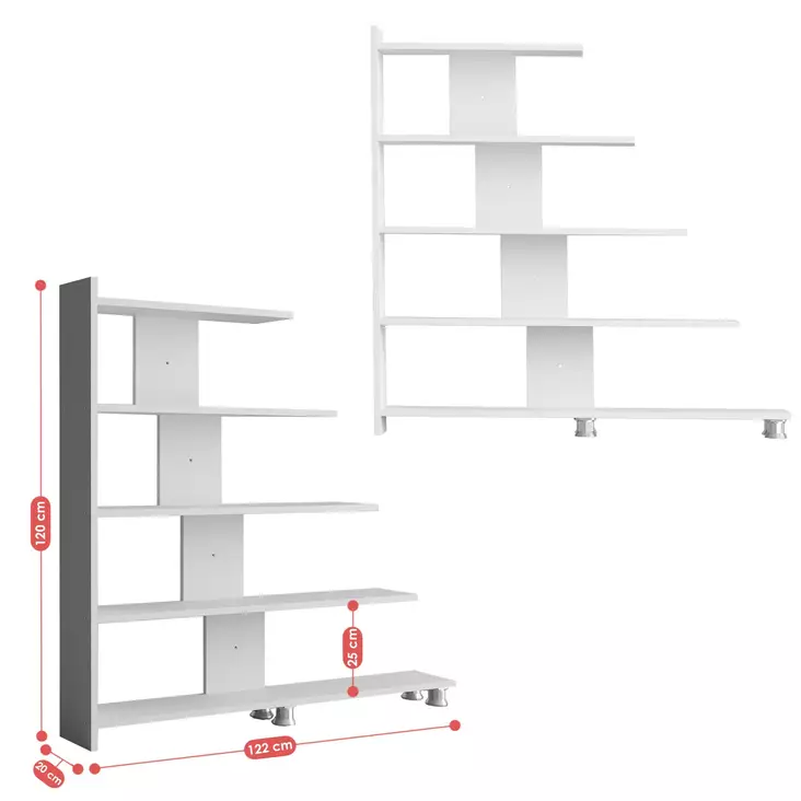 Valkoinen Kirjahylly - 100% Melamiinipinnoitettu Lastulevy, 18mm, 122x120x20cm, Useita Hyllyjä, Seinään Kiinnitettävä - Kirjahyllyt - 8681875025668 - 1