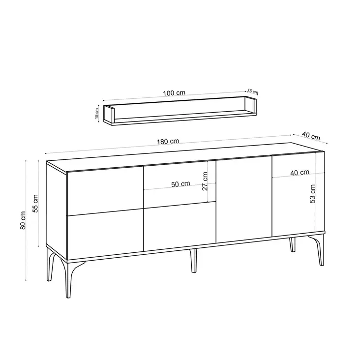 Valkoinen Musta Konsoli - 100% Melamiinipinnoitettu Lastulevy, 18mm Paksuus, 180x80x40cm, Useita Hyllyjä, 2 Pakkausta - Lipastot ja senkit - 8683743536948 - 1