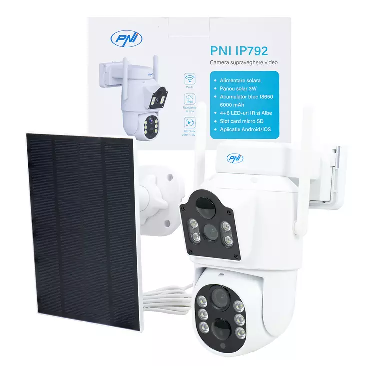 Videovalvontakamera PNI IP792 kaksoislinssi 2MP + 2MP, aurinkopaneeli 3W, sisäänrakennettu 6000mAh akku, liiketunnistus, microSD-korttipaikka, pimeänäkö, kaksisuuntainen ääni, IP65 - PNI tuotteet - 5949066535628 - 1