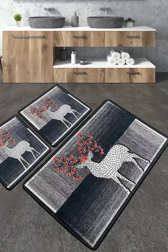 Ylellinen 3-osainen Kylpyhuonemattosetti - Antibakteerinen, Liukumaton, 100% Polyesteri, Konepestävä, 60x100cm, 50x60cm - Kylpyhuonematot ja kosteantilan matot - 8683342801348 - 1