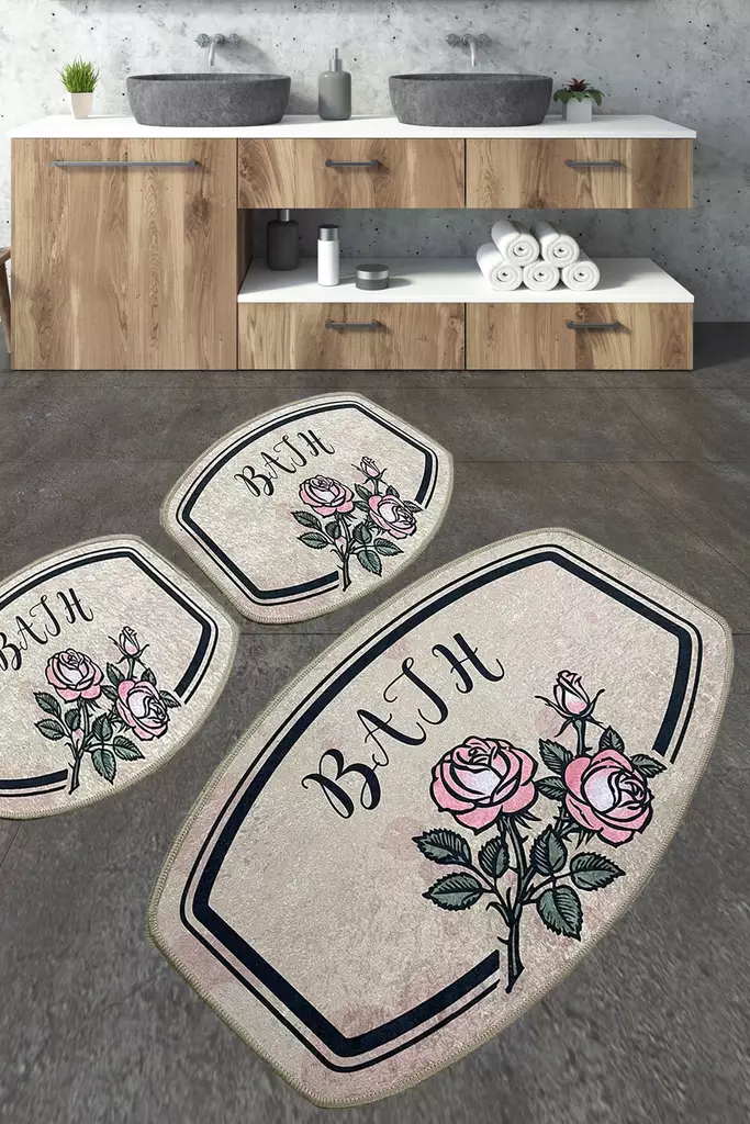 Ylellinen 3-osainen Kylpyhuonemattosetti - Antibakteerinen, Liukumaton, 100% Polyesteri, Konepestävä, 60x100cm, 50x60cm - Kylpyhuonematot ja kosteantilan matot - 8683342801478 - 1