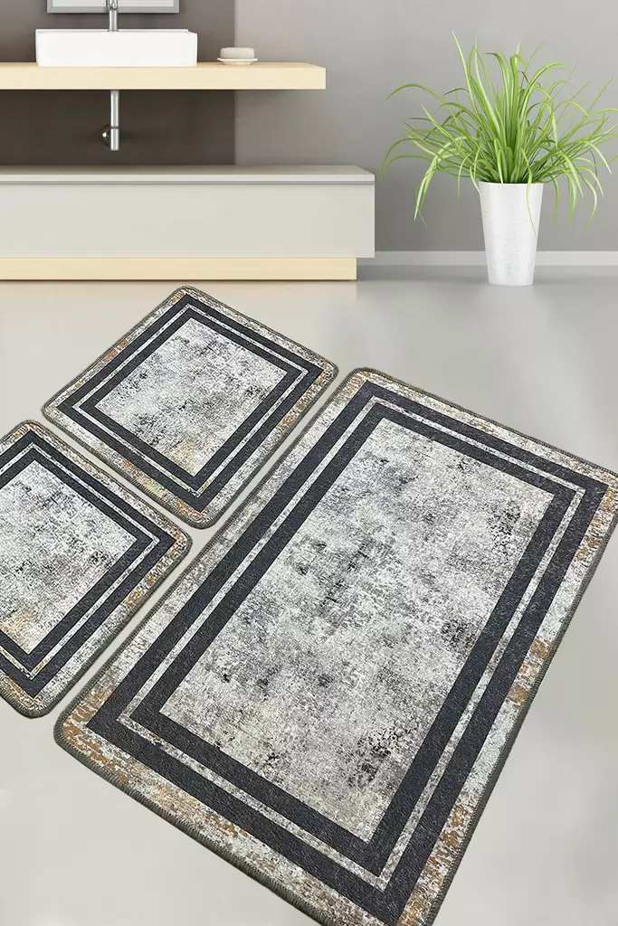 Ylellinen 3-osainen Kylpyhuonemattosetti - Antibakteerinen, Liukumaton, 100% Polyesteri, Konepestävä, 60x100cm, 50x60cm - Kylpyhuonematot ja kosteantilan matot - 8683342801638 - 1