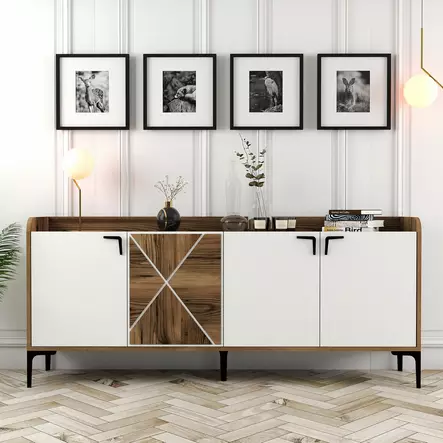 Teollinen Konsoli - 180x78x35 cm - Pähkinä Valkoinen - 100% Melamiinipinnoitettu Lastulevy - Metallijalat ja Kahva - Lipastot ja senkit - 8683342719179 - 2