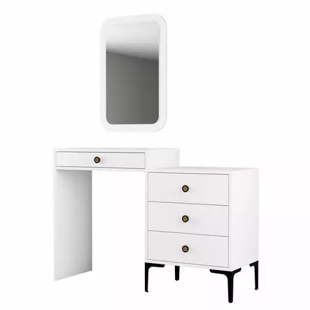 Valkoinen Meikkipöytä Peilillä - Moderni ja Tyylikäs Dresseri - 100% Melamiinipinnoitettu - 124x84,7x40 cm - Metallijalat - Meikkipöydät - 8683743327249 - 1