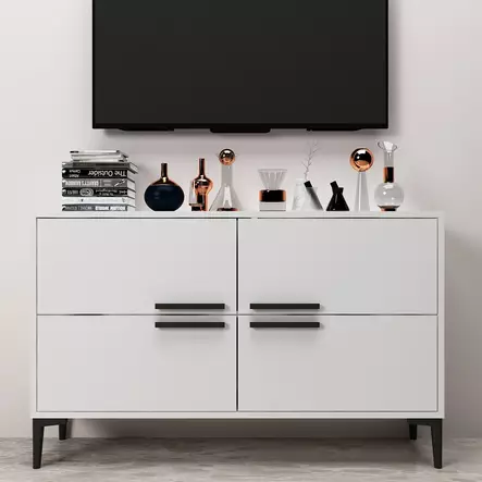 Valkoinen TV-taso - 100% Melamiinipinnoitettu Lastulevy, 18mm, PVC-jalat, 120x75x30cm, Tyylikäs ja Kestävä - TV-tasot - 8683742102519 - 2