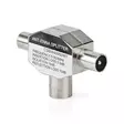 Satelliitti- ja antenni-sovitin | 2x koaksiaali uros | IEC (Coax) Naaras | Niklattu | 75 Ohm | T-jakaja | Metalli | Valkoinen | 1 kpl | Laatikko - Antenniliittimet ja adapterit - 5412810265619 - 42