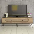 Moderni TV-taso, Tammi, 100% Melamiinipinnoitettu Lastulevy, 18mm, CNC Relief 4mm, Metallijalat, 145x45x40cm, Useita Hyllyjä - TV-tasot - 8681875184549 - 4